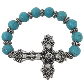 Gypsy Jewels Beaded Sideways Cross Stretch Bracelet - Assorted Styles (Silver Tone Ornate)