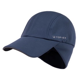 TOP-EX M/L/XL Water-Repellent Baseball Cap for Women with Ear Cover Running Beanie with Ponytail Hole Reflective Winter Hat Cold Weather Fleece Lined Hat Blue L/XL