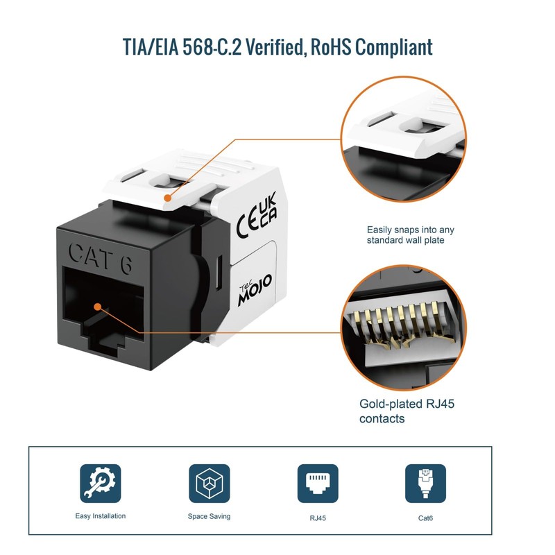 Tecmojo CAT6 Unshielded keystone jack Gigabit, 24 Pack