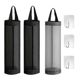 Pack of 3 Bag Collectors, Plastic Bags Shopping Bag Holder, Bag Dispenser, Bin Bag Holder, Hanging Mesh Foldable Bin Bag Organiser with 3 Hooks