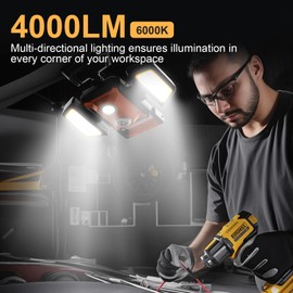 Tresda 4000LM LED Work Light Rechargeable with Clamp, 40W Magnetic Work Light Battery Powered with 5 Light Modes, 350° Rotation, Portable Job Site Lighting for Construction Site,Workshop,Car Repairing