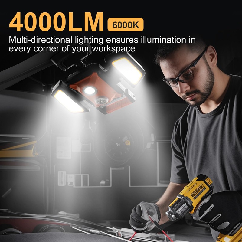 Tresda 4000LM LED Work Light Rechargeable with Clamp, 40W Magnetic
