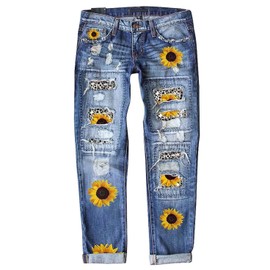 Astylish Women Sunflower Distressed Boyfriend Jeans Raw Hem Mid Waist Denim Stretchy Ripped Washed Ankle Pants Xx-Large, casual