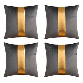 Gyulin Pack of 4,18x18 Inch Velvet Throw Pillow Covers with Gold Leather Striped Patchwork Stitching Modern Minimalist Square Pillowcase Cushion Covers for Bedroom Sofa Couch Living Room, Grey/Gray