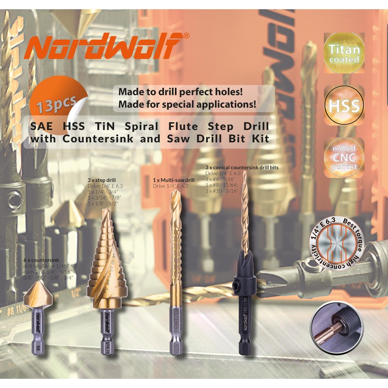 NordWolf 13-Piece HSS Titanium Hex Shank Spiral Flute Step Drill,