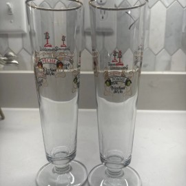 Lindemans Lambic Fluted Gold Rim Fruit Glass w Framboise Peche Kriek Pomme Set 2