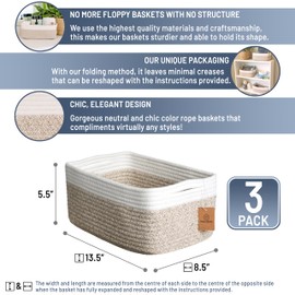 NaturalCozy 13.5”x8.5”x5.5” Storage Baskets for Shelves 3 Pack | Cotton Rope Woven Small Baskets for Organizing | Small Storage Bins for Nursery, Bathroom, Closet, Cube Shelf, Decorative, Gift