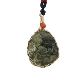 Moldavite Crystal 14K Gold Plated Necklace,Raw Real Czech Meteorite Tektite Stone Healing Crystal Necklace,Green,Irregular Shape
