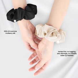 Silk Hair Scrunchies for Women, 100% Mulberry Silk Hair Ties, No Damage for Curly Hair, Large Scrunchie for Sleep, 1-Pack, Beige, L