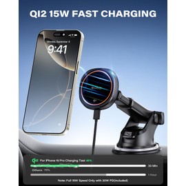 OQTIQ for Magnetic Car Mount Charger- QI2 Certified 15W Fast Wireless Charging Car Phone Holder with Strong Magnetic Grip, Built-in Cooling Fan, Suction Cup & Vent Mount [PD 30W Adaptor Included]