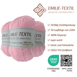 Emilie-Textil Premium Polyacrylic Yarn, 3 x 100 g, 20 Colours, Oeko-Tex Certified for Babies/Allergy Sufferers, Yarn for Crocheting and Knitting (3, Pink)
