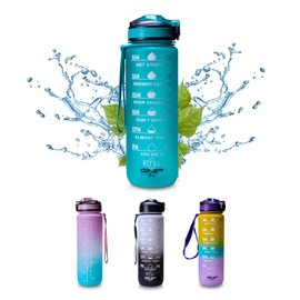 GMP.STAR 1L Water Bottle - Leak Proof Water Bottle with Quick Open Lid and Time Markings - 100% BPA Free - Motivational Gym, Travel, Sports Water Bottle for Adults, Kids (green)