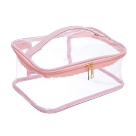 Bolsa de cosméticos grande para mujeres/transparente, bolsa de maquillaje, accesorios para el cabello y las uñas para viajes o hogar/organizador de plástico PVC transparente, interior espacioso, asa y cremalleras dobles (rubor)