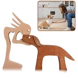 Tadpolez Wood Carving Ornaments, Wooden Sculpture Dog Figure, Handmade Dog Statue, Abstract Style People with Dog Statue, Wooden Figures Sculpture Ornaments, Decorations for Home, Office, Living Room
