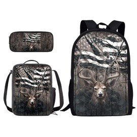 Suobstales Deer American Flag Print Backpack with Lunch Bags and Pencil Case Set of 3 Elementary School Bags for Kids Girls Boys Teens Large Capacity Bagpack Rucksack Travel Outdoor Daypack