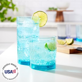 US Acrylic Classic Plastic Reusable Drinking Glasses (Set of 8) 12oz Rocks & 16oz Water Cups in Coastal Colors | BPA-Free Tumblers, Made in USA | Top-Rack Dishwasher Safe