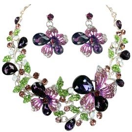 MMonesu Crystal Flower Bib Statement Necklace Set Chunky Purple Flower Statement Necklace & Earrings Drama Bib Collar Jewelry Set for Women Prom Party Jewelry