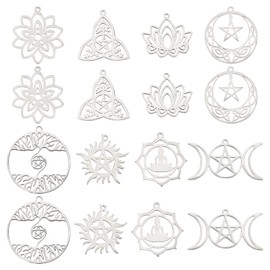 SUNNYCLUE 1 Box 16 Pieces 8 Style Tarot Style Lotus Flower Charms Stainless Steel Triple Goddess Moon Pendant Charm Sun Star Chakra Charms for Jewellery Making Charms Earrings Necklace DIY Craft