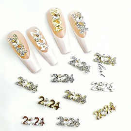 2024 Nail Art Decorations 2024 Number Nail Rhinestone Rivet 3D Alloy Nail Glitter Design Metal Digit Nail Diamond Supplies for Women Girls Manicure Graduation Decorations DIY Jewelry Making Crafts