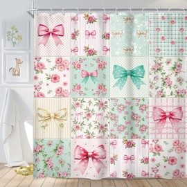 Newsely Boho Bow Floral Shower Curtain 72Wx72L Inch Cute Retro Checkered Patchwork Colorful Flower Pink Green Coquette Girly Bathroom Set Girls Woman Waterproof Bath Decoration Accessories Home Decor