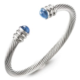 Elastic Adjustable Classic Mens Stainless Steel Twisted Cable Bangle Bracelet with Blue Beads(CA)