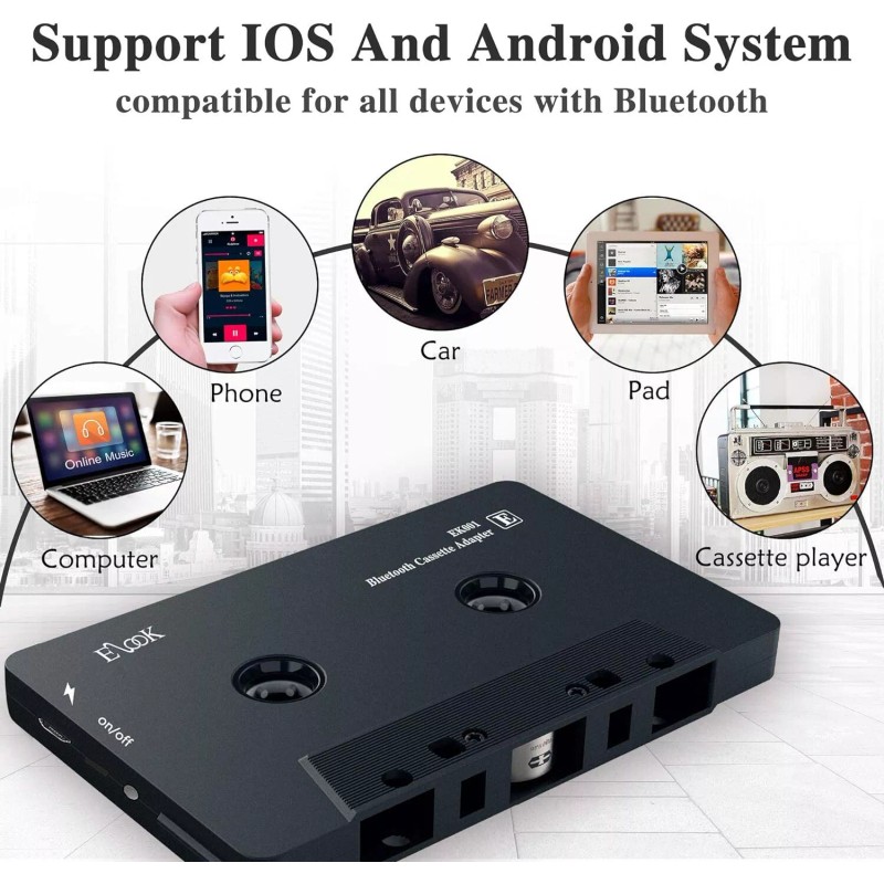 Elook Bluetooth Cassette Adapter For Vintage Car Sound System Black