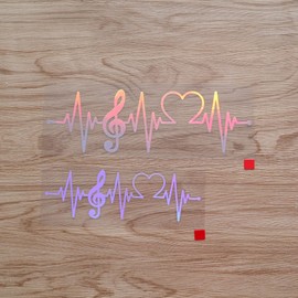 Music Note Heartbeat Lifeline Heart Sticker Decal Vinyl 09282b - 2 Pack Holographic Iridescent, 6 Inches, 8 Inches - No Background Die Cut for Car Boat Laptop Cup