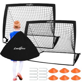 LIBERRWAY Soccer Goal 4'x 3' Portable Kids Soccer Goals for Backyard or Indoor Pop Up Soccer Net with 6 Training Cones, Carrying Bag, 8 Ground Stakes, 2 Set
