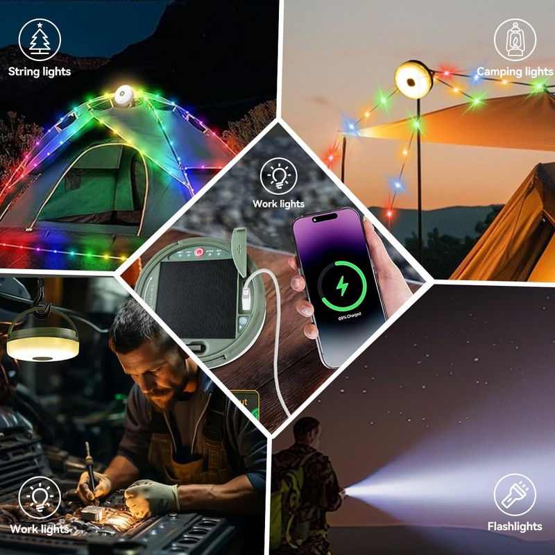 40FT Solar Camping String Lights, Rechargeable String Lights with 8