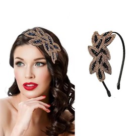 GOESUP Women 1920s Flapper Set with Rhinestone Headpiece Hairband and Hand Fan with Tassel for Vintage Wedding Costume Accessories (Black)