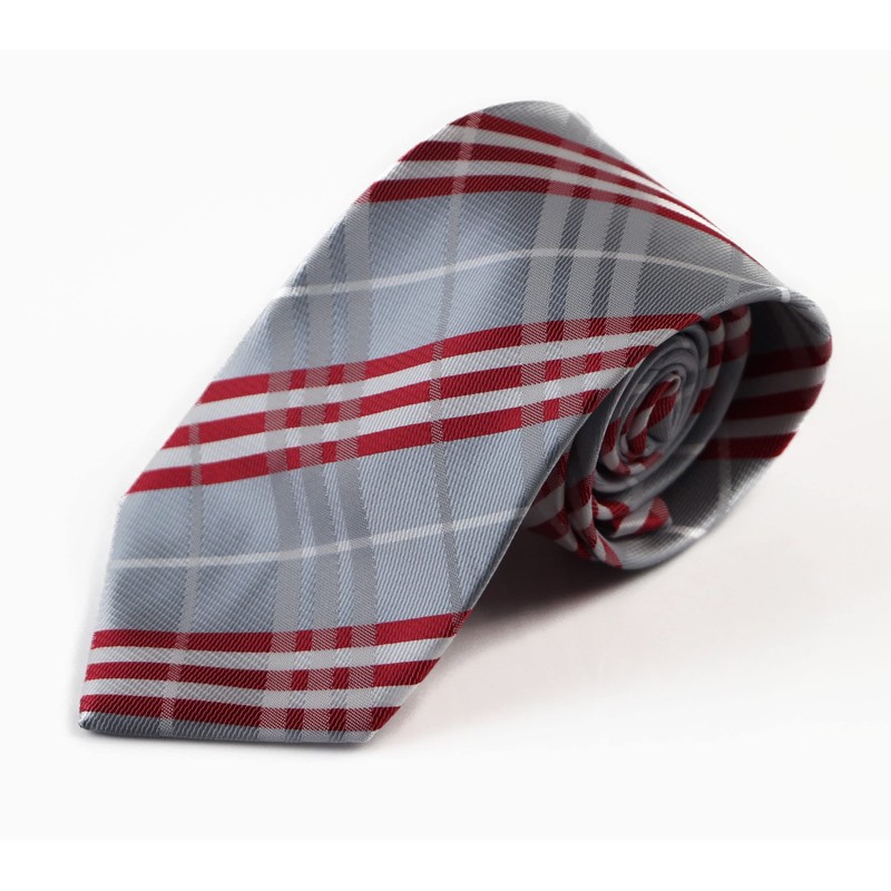 Mens Silver & Red Plaid Striped Patterned 8cm Neck Tie