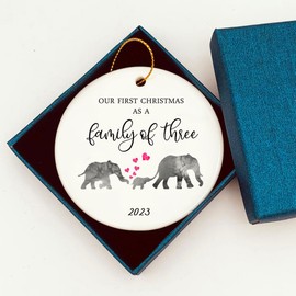 Our First Christmas as a Family of 3 Elephant 2023 Christmas Ornament Growing Family of 3 Baby Shower Gift Mama Papa Baby New Parents Present Family Circle Ceramic with Gift Box