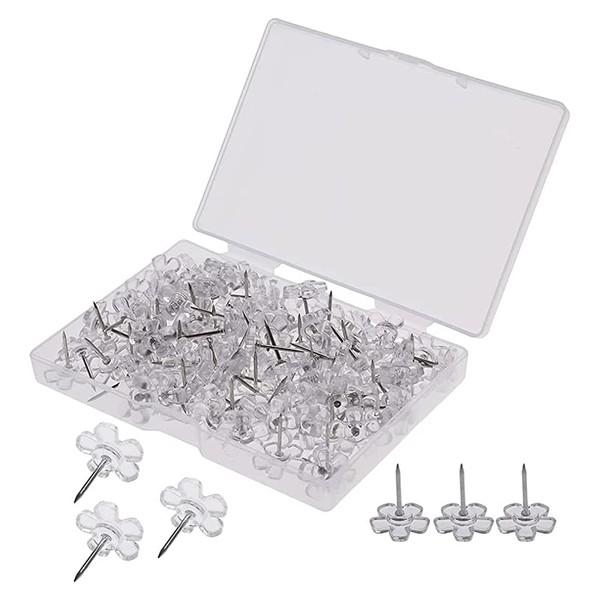 Pack of 90 Transparent Drawing Pins Flat Head Pin Board