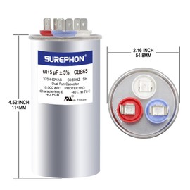 60+5 60/5 Mfd Capacitor 370V or 440V Dual Run Start Capacitor CBB65r CBB65b for AC Motor or Fan Start Condenser Straight