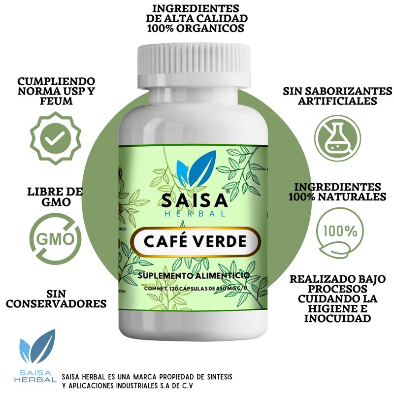 Café Verde 100% Puro Suplemento Con 120 Cápsulas Saisa Herbal