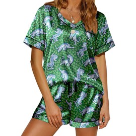 Ekouaer Silk Pajamas for Women Satin Pajama Set 2 Piece Short Sleeve Pjs Sets Soft Summer Sleepwear with Pockets, Green Tiger, M