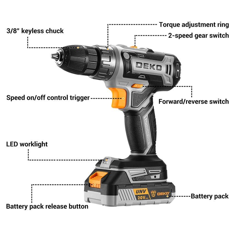 DEKOPro Cordless Drill 20V Electric Power Drill with 1.5AhLithium-ion Battery