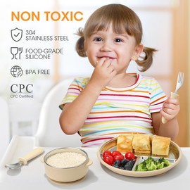 Aieve Stainless Steel Kids Plates and Bowls with Suction,4 Pcs Kids Dinnerware Set Including Spoon,Fork,Divided Toddler Suction Plates and Suction Bowls