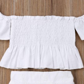 LXXIASHI 2Pcs Toddler Skirt Outfit Baby Girl Flutter Sleeves Off Shoulder Crops Top + Maxi Split Skirt Shorts Clothes Sets (White, 3-4 Years)
