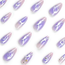 Press On Nails Stick On Nails, Flower Summer Cute Designed Beauty Pattern in Glue on Nails, Fake Nails, Short Square Almond Long Ballet Shape on 24PCS (Purple Pattern Diamond)