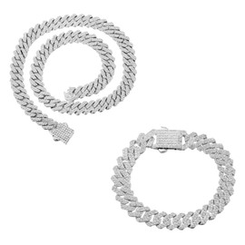 Halukakah 18k Real Gold/Platinum Plated Cuban Diamond Link Bracelet Necklace Jewellery Set for Men, Over 1500 Laboratory Diamonds Handset, Width 12 mm, Length 20 cm, 45 cm with Gift Box, No Gemstone