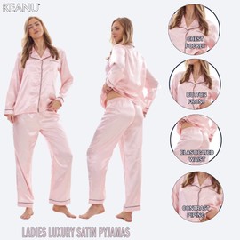 Keanu Ladies Satin Pyjamas - Long Sleeve Top with Long Bottoms - Silk Satin Pjs Soft Button Down Sleepwear Set Loungewear - Sizes 8-20 (Pink, 12-14)