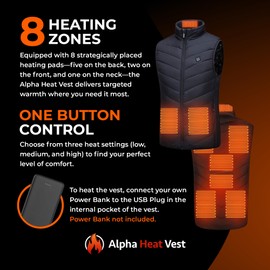 FREEZE2TRIM Alpha Heat Vest USB Rechargeable Heated Vest for Men and Women 8 Heating Zones Waterproof Electric Heated Jackets for Men (US, Alpha, X-Large, Regular, Tall, Black)