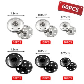Leikedun Press Stud Fasteners Set, 60 Sets of Black Silver Metal Press Studs for Sewing Purse, Handbag, Clothes, Shoes, Sewing Repair, Craft DIY, 0.75 cm/0.85 cm/1.2 cm