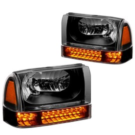 PM PERFORMOTOR Black Housing Amber Corner Factory OE Style Headlight Replacement Compatible With 99-04 F-250 SD, F-350 SD / 00-04 Excursion, PMHL-FSUP-9904-4P-L-BA
