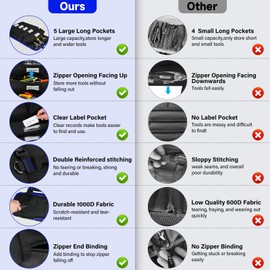 Tool Bag,Large Roll Up Tool Bag Organizer,13 Pockets Tool Roll Storage Pouch,Heavy Duty Portable Tool Storage Carrier Bag for Men,Mechanic,Electrician & Hobbyist,Black/Blue