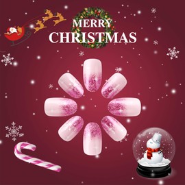 24 Pcs Medium Oval Christmas Snowflake Press on Nails Xmas Stars Fake Nails French False Nails Winter Snowflake Gel Glue on Nails Glossy Pink Glitter Stick on Nails for New Years Gifts Women Girls