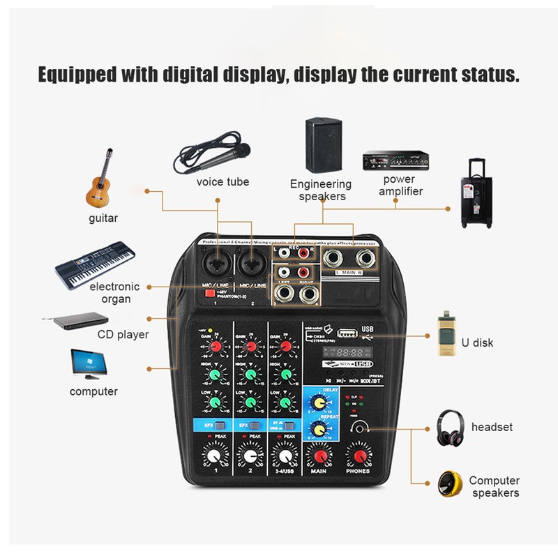 Mini USB Bluetooth Sound Card 4-channel Mixer for Household Stage