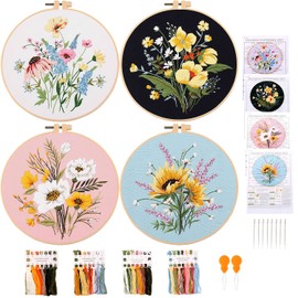 MAMUNU 4 Sets Embroidery Kits for Beginners Adults, Flower Stamped Pre Printed Cross Stitch Kits, Full Range of Embroidery Starter Kit with Instructions, 4PCS Embroidery Hoops, Threads and Tools