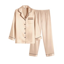 Ekouaer Women Satin Pajamas Set Classic Button Down Long Silk Pjs Set,Large,Champagne